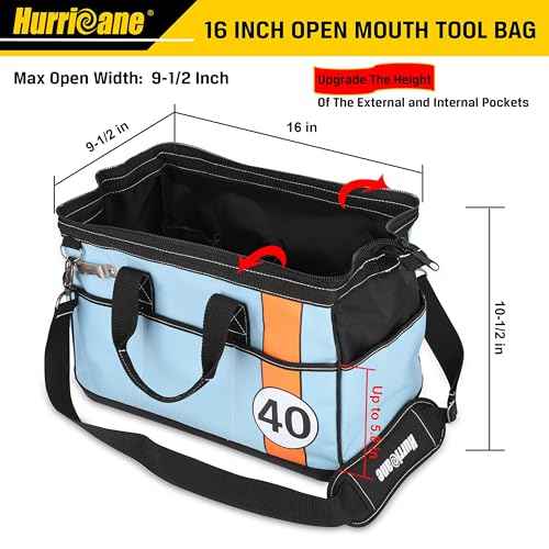 HURRICANE 16 inch Wide Mouth Tool Bag with Water Proof Molded Base with Extra Shoulder Strap, Racing theme-Blue, Multi Pockets, Large Inner Space