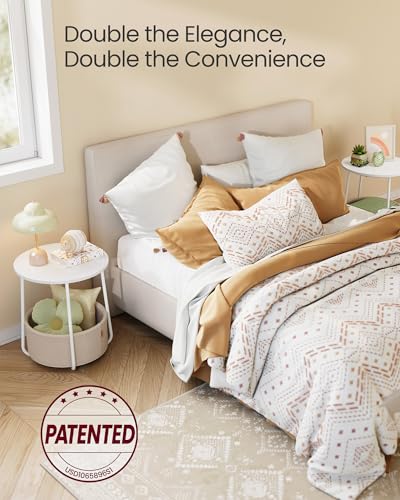 VASAGLE Nightstands, Set of 2 Small Round Side Tables with Fabric Basket, Bedside End Tables, for Bedroom, Matte White and Camel Brown ULCT665W01 - color: Matte White + Camel Brown
