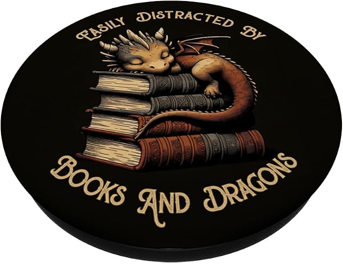 Easily Distracted by Books &amp Dragons Funny Bookworm Reading PopSockets Adhesive PopGrip
