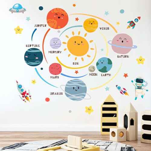 Outer Space Planets Wall Decals - Astronaut Rocket Boys Wall Stickers - Baby Nursery Kids Room Daycare Playroom Wall Decor
