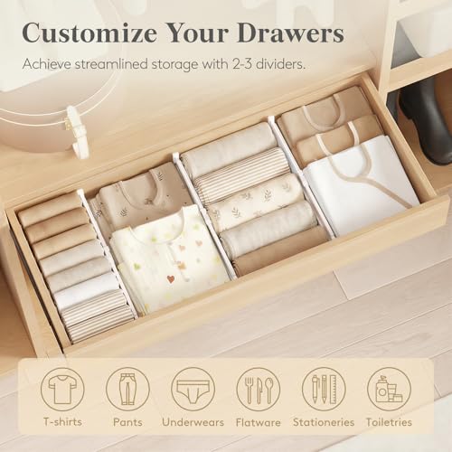 Lifewit Drawer Dividers for Clothes, 3.2" Tall 10.5"-16.5" Expandable Dresser Drawer Organizers, Adjustable White Plastic Separators for Kitchen, Cabinet, Nursery, Socks & Underwear Storage, 4 Pack - size: 3.2"H, 10.5-16.5"L