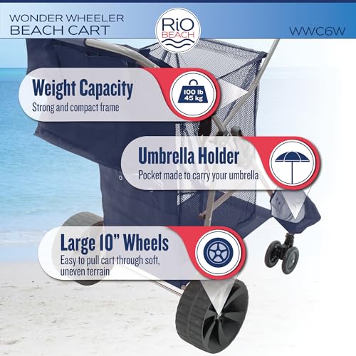 Rio Beach Wonder Wheeler Deluxe Utility, Lawn, and Beach Foldable Cart, Navy