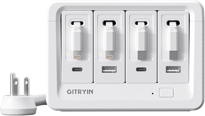 Gitryin 2 Lightning 2 Type-C Retractable Wall Chargers with 2 USB A Ports and 1 Power Strip 12-in-1 Modular Charging Station