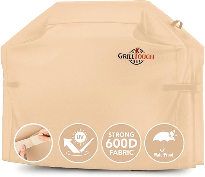 GrillTough Heavy Duty BBQ Grill Cover for Outdoor Grill, 60 Inch – Waterproof, Weather Resistant, UV & Fade Resistant with Adjustable Straps – Gas Grill Cover for Weber, Genesis, Charbroil, etc. Tan