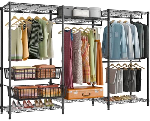 VIPEK V10 Garment Rack Large Size Heavy Duty Clothes Rack with Hanging Rods, Adjustable Shelves & 2 Slid Storage Baskets, Wire Clothing Rack 68.9" W x 15.7" D x 76.4" H, Max Load 920 LBS, Black - color: Black