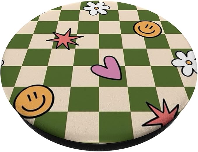 Green Checker Cute Doodle Pattern PopSockets Adhesive PopGrip