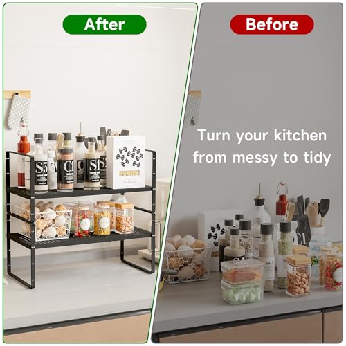 Expandable Kitchen Cabinet Shelf Organizer Rack Heavy Duty Metal Spice Rack Stackable Kitchen Counter Storage Shelf for Kitchen Cabinet Pantry Bathroom (Black - 16.5"-27" L x 10.2" W x 9.6" H - 1Pack) - color: Black - 16.5"-27" L X 10.2" W X 9.6" H - 1pac