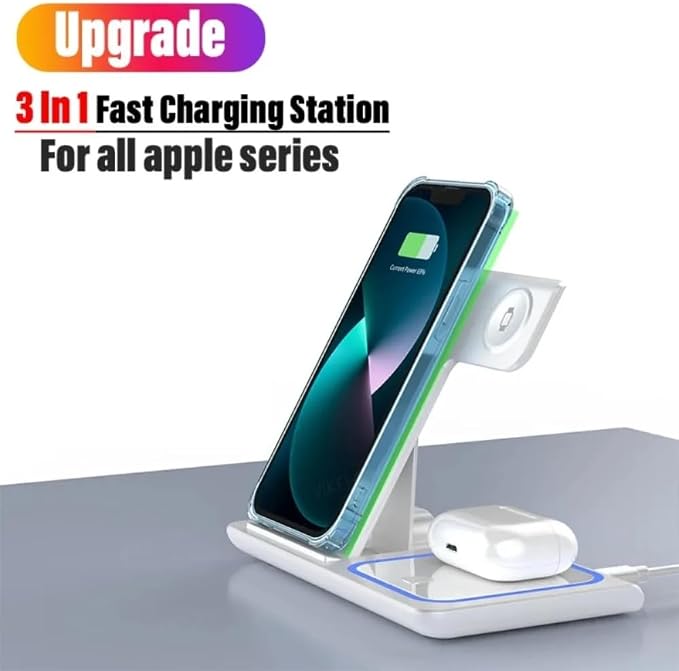 Desktop 3 in 1 Wireless Travel Charger Stand for iPhone 17 16 15 14 13 12 Pro Max iWatch S10~2 SE Ultra AirPods 4/3 Pro Foldable Fast Charging Dock (Black)