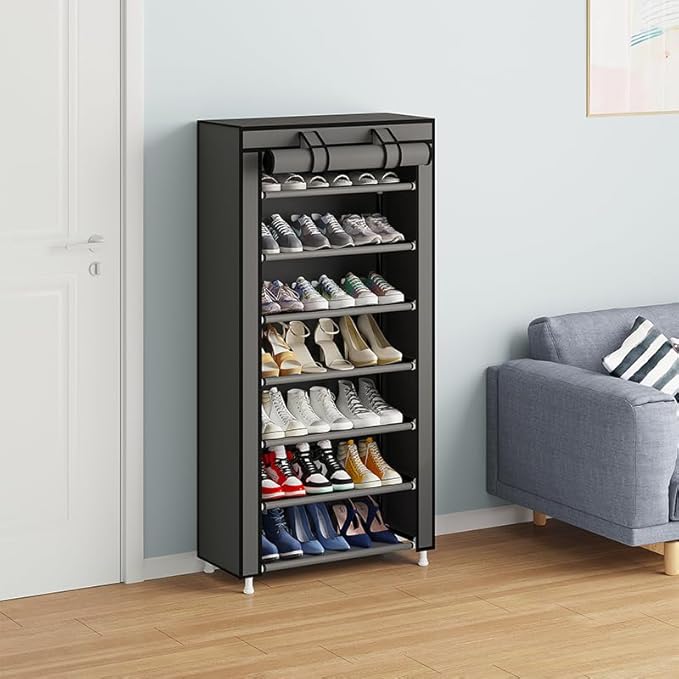 Calmootey 7 Tier Shoe Rack Organizer,Portable Shoe Shelf with Nonwoven Fabric Cover for Closet Hallway,Bedroom,Entryway,Grey