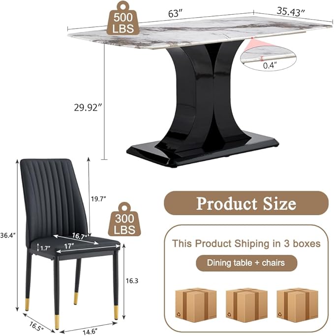 Modern Dining Table Set for 4, Marble Kitchen Table Chair Set for 4, Rectangular Kitchen Table with 4 Pu Leather Upholstered Chair for Dining Room (White+Black, 1 Table with 4 Chairs)