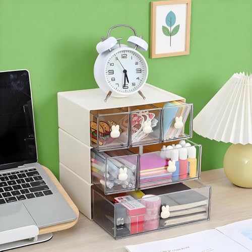 Desktop Storage Drawers, Plastic Desk Organizer with 2 Drawers, Modular Stackable Toolbox Units for Office Stationary, Makeup Container, Bathroom Countertop (1 Tall Layer, Cream & Clear) - color: 1 Tall Layer & 2 Drawers, Cream & Clear