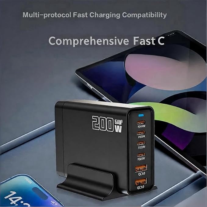 Heargrow 200W GaN USB C Charging Station 6-Port USB C Multi Charger Block with 4 Cables Fast Wall Charger Power Strip for iPhone 17 16 15 14 iPad MacBook Samsung Galaxy Pixel