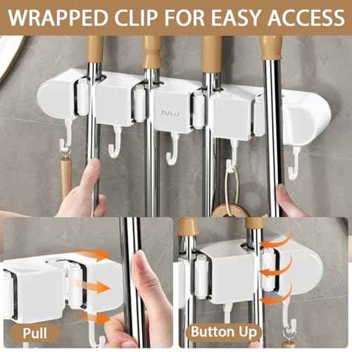 3Pcs Broom Mop Holder with Hooks Wall Mounted Broom Storage Rack No Drilling Self-Adhesive Mop Broom Organizer Mop Holder Hanger for Bathroom Office Kitchen Closet Garage,White (3)