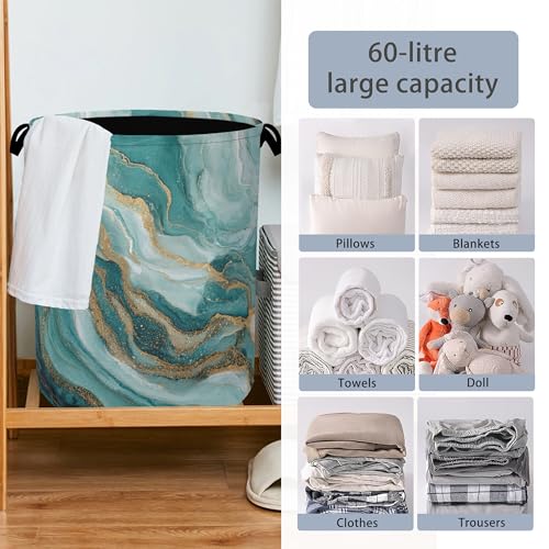 Blue Green Gold Marble Laundry Basket,Foldable with Handles Tote Bag Oxford Cloth for Bathroom Bedroom Dirty Clothes Storage Bucket 16" x 20.8" - color: Blue Green Gold Marble