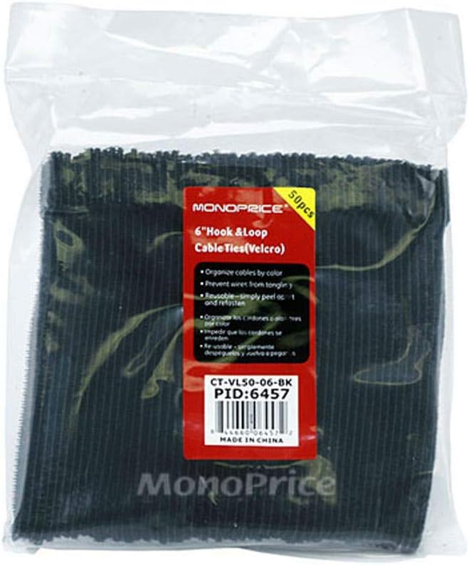 Monoprice Hook and Loop Fastening Cable Ties - 6 Inch, 50 Piece Bulk Pack, With Eye Hole For Hanging, Black