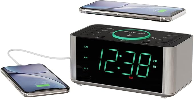 Emerson ER100202 Smartset Dual Alarm Clock Radio with USB Port and QI Wireless Phone Charger with Bluetooth All Qi Compatible Phones