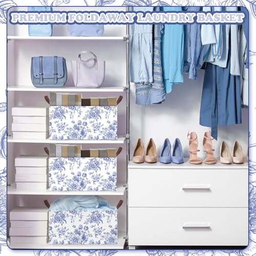 Boao 3 Pcs Blue Floral Storage Bin Wildflowers Collapsible Large Storage Baskets for Gifts Canvas Laundry Basket Foldable Box with Handle for Office Home Bedroom Clothes - style: Blue Flowers