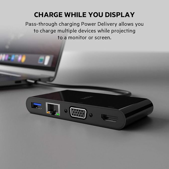 Belkin Multimedia Adapter with USB‑C Passthrough Power – HDMI, USB‑A & USB‑C Ports, 4K Video, Compact Laptop Hub for MacBook, Chromebook, Windows, Travel & Home Office
