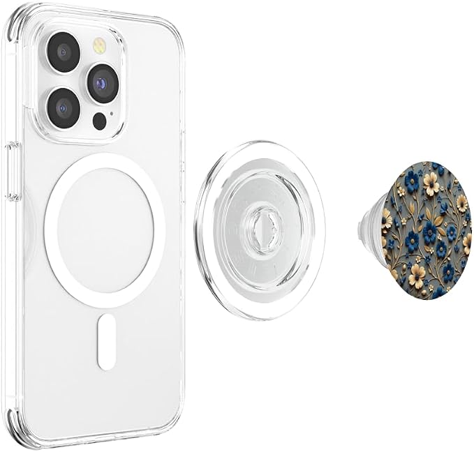 Beige and Blue Floral Print with Leaves Design PopSockets Adhesive PopGrip