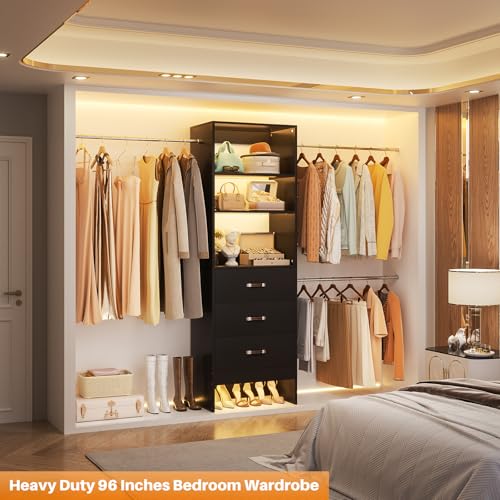 Homieasy 96 Inches Closet Organizer System, 8FT Customizable Walk In Closet Organizer with Hanging Rods, 3 Drawers Garment Rack with Leather Handle , 96" L x 16" W x 75" H, Max Load 1000 LBS, Black - color: Black