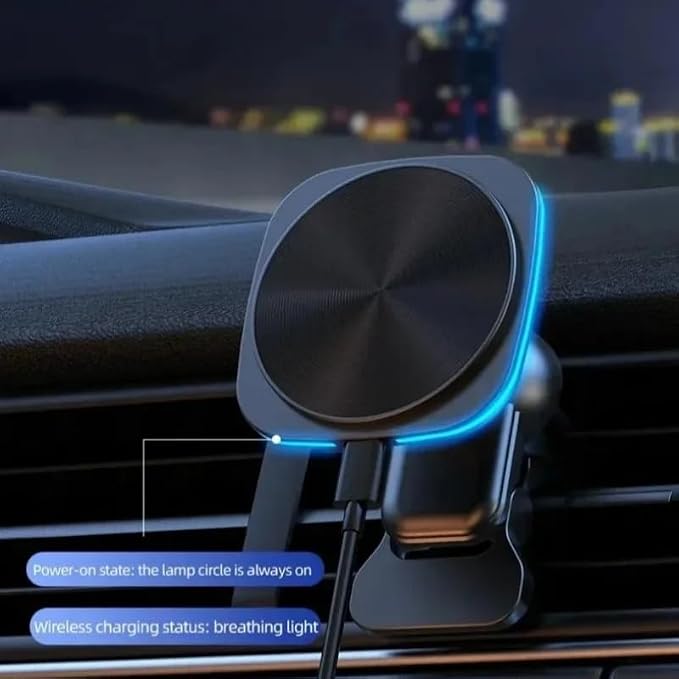 RGB LED Magnetic Wireless Charger Car Phone Holder Stand Car Mount for iPhone 17 16 15 14 16 12 Pro Max Car Fast Charging Station (White with Cable)