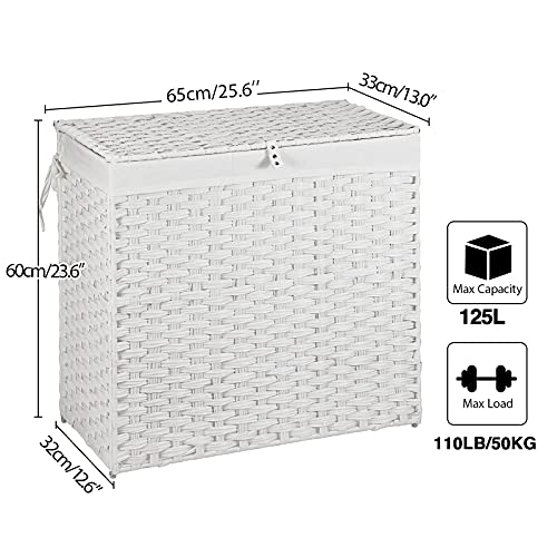 Greenstell Laundry Hamper with Lid, 125L Large Clothes Hamper with 3 Section & 2 Section Removable Liner Bags & 5 Mesh Laundry Bags, Handwoven Synthetic Rattan Divided Laundry Basket, White - color: White