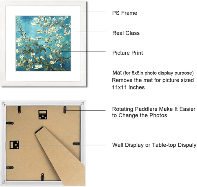 11x11 Picture Frame Set of 6 with Real Glass for Pictures 8x8 with Mat or 11x11 without Mat, Wall Gallery or Tabletop display Photo Frames in White