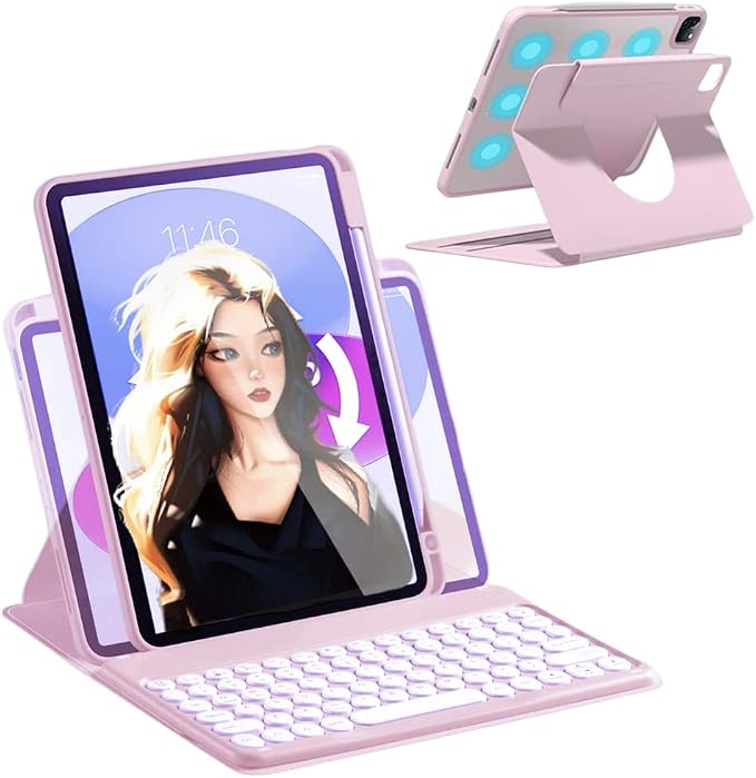 Keyboard Case for iPad 11 inch 2025(A16)/iPad 10 2022 Vertical Case with Pencil Holder Magnetic Stand Rotating Detachable Keyboard with Clear Back (Black)