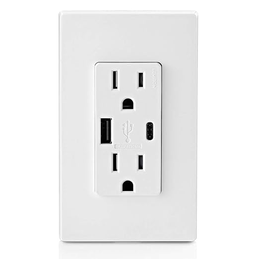 Leviton 30W (6A) USB Dual Type-C/C Power Delivery In-Wall Charger with 15A Tamper-Resistant Outlet USB Charger for Smartphones Tablets Laptops T5635-E Black