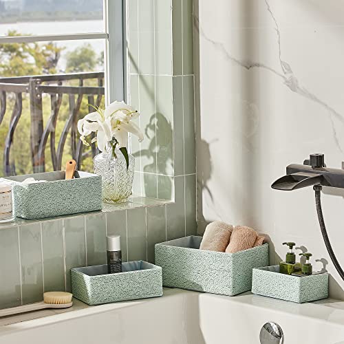Storage Baskets Set 4 - Stackable Woven Basket Paper Rope Bin, Storage Boxes for Makeup Closet Bathroom Bedroom (Light Green) - color: Light Green