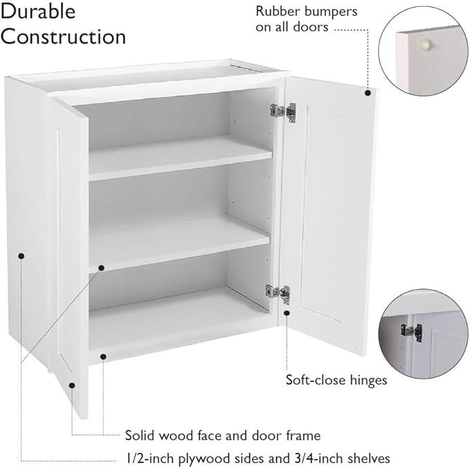 Design House Brookings Shaker Fully Assembled Wall Kitchen Cabinet W3030, 30 W x 12 D x 30 H, Painted White, Solid Wood, Design House, 613547