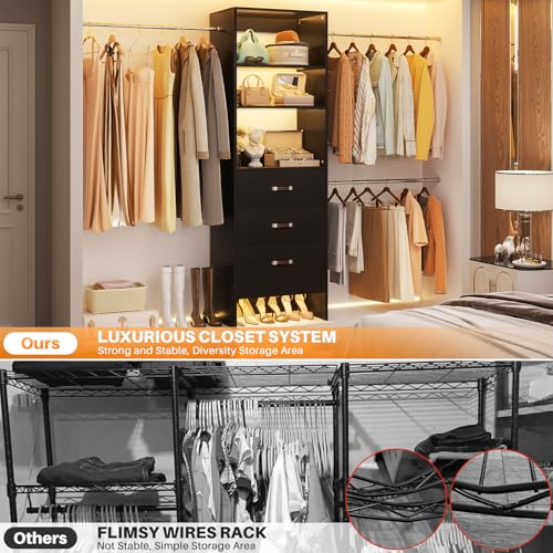 Homieasy 96 Inches Closet Organizer System, 8FT Customizable Walk In Closet Organizer with Hanging Rods, 3 Drawers Garment Rack with Leather Handle , 96" L x 16" W x 75" H, Max Load 1000 LBS, Black - color: Black