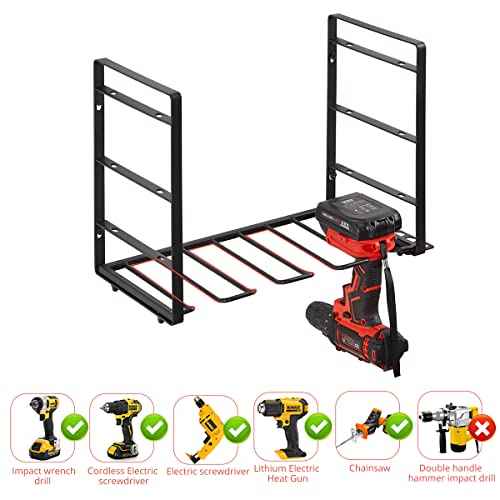 Power Tool Organizer, 4 Layers Heavy Duty Metal Tool Shelf, Drill Holder Wall Mount, Utility Storage Rack for Cordless Drill Charging Station Screwdriver, black