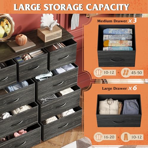 WLIVE 9-Drawer Dresser, Fabric Storage Tower for Bedroom, Entryway, Closet, Tall Chest Organizer Unit with Fabric Bins, Steel Frame, Wood Top, Easy Pull Handle, Charcoal Black Wood Grain Print - color: Charcoal Black Wood Grain Print