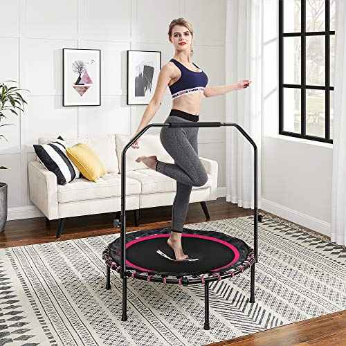 SONGMICS 40 Inches Mini Fitness Trampoline, Fitness Rebounder with Adjustable Handrail, Foldable Trampoline for At-Home Workout, Max. Load 264.6 lb