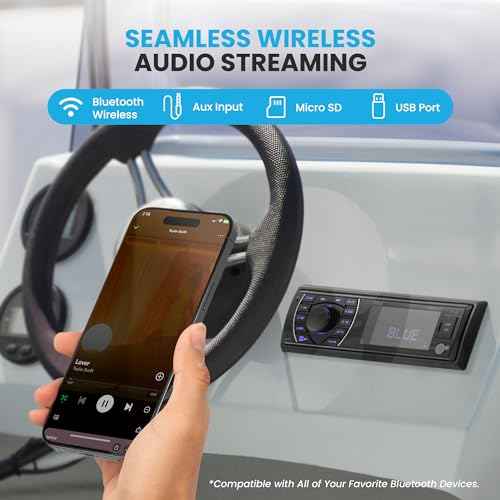 Pyle 300W Bluetooth Marine Stereo Receiver - Single DIN In-Dash AM/FM Radio with USB/SD - AUX - MP3 - Built-in Mic - EQ - Wireless Music Streaming - Remote - 12V - PLMRM29BT