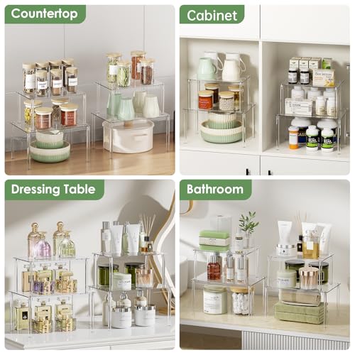 Delamu Clear Kitchen Cabinet Organizer, Set of 4 Acrylic Shelf Organizer for Cupboard Organizers and Storage, Stackable Cabinet Shelf for Plate, Dish, Bowl, Cup & Mug, 11.7" W x 7.7" D x 6.3" H - size: Set of 4