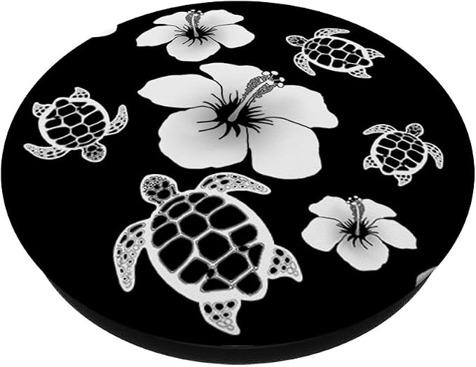Black and White Hawaiian Island Floral Turtles PopSockets Adhesive PopGrip