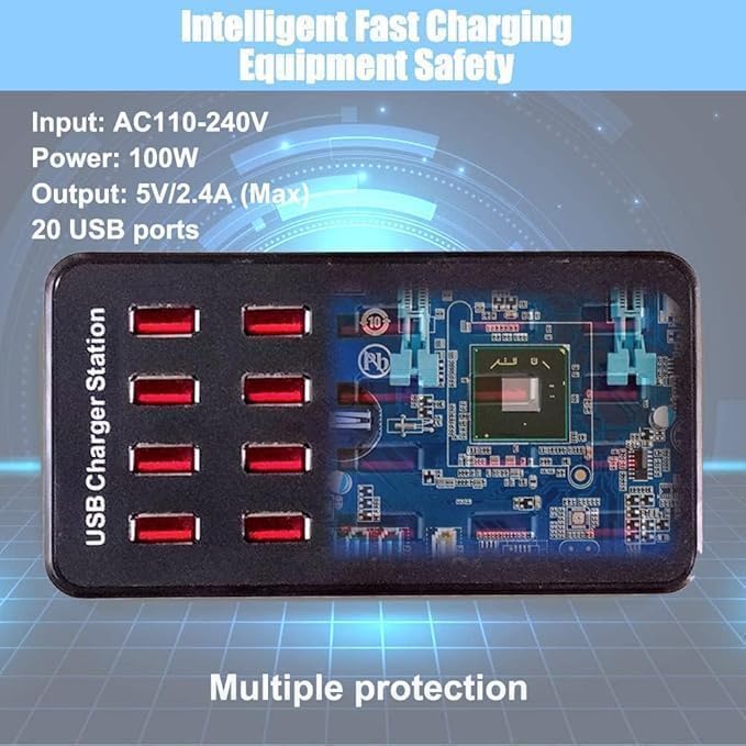 20-Port Black USB Charging Station100W/20A Multi-Port USB Hub Suitable for Smartphones Tablets and Other USB Devices.
