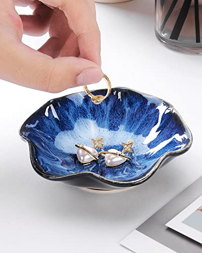 2PCS Lotus Leaf Shape Ring Holder Dish, Small Key Bowl, Ceramic Trinket Tray Jewelry Dish Organizing Necklace Earrings for Mom Friend Sister, All Jewelries Are NOT Included.White+Deep Blue. - color: White+Deep Blue-Lotus