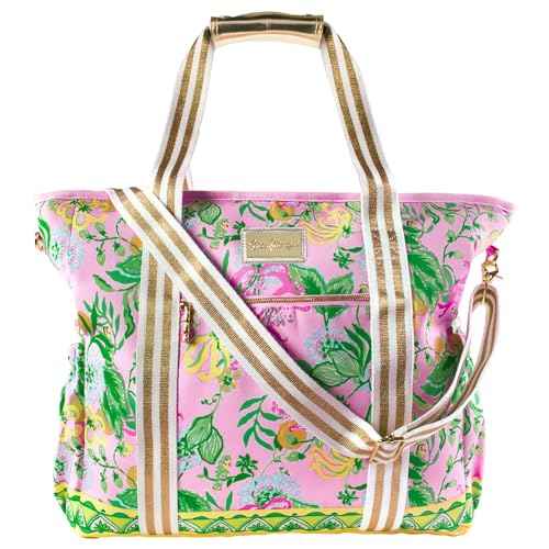 Lilly Pulitzer Pink Picnic Beach Cooler, Insulated Soft Cooler Bag with Adjustable Shoulder Strap and Zippered Top, Large for Groceries or Travel, Via Amore Spritzer