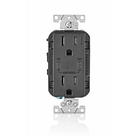 Leviton 30W (6A) USB Dual Type-C/C Power Delivery In-Wall Charger with 15A Tamper-Resistant Outlet USB Charger for Smartphones Tablets Laptops T5635-E Black