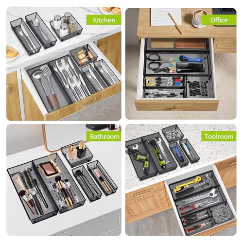 Neudeco Drawer Organizer - 5 Pack Metal Mesh Silverware Tray with Interlocking Design, 5 Compartment Cutlery Organizer for Kitchen Utensils, Black (15x6.2x2 inches) - color: Black-5L pack