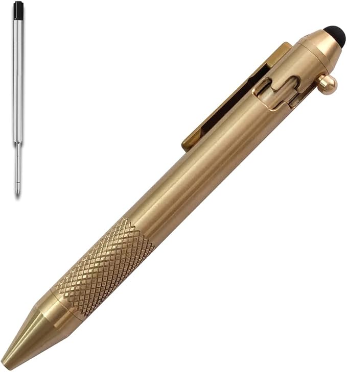 Cool Hand 4.9'' Brass Bolt Action Pen with Retractable Stylus Tip | for Any Touch Screen Ballpoint Ink Refillable Compact Size Skelton Out Deep Pocket Clip (Brass)