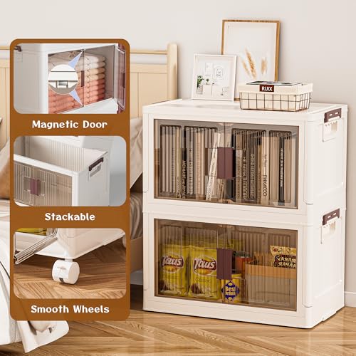 45GAL/180QT 3 tier large stackable storage bins with lid and wheels, collapsible storage bins plastic with doors，suit for clothes, closet, home and office - size: 60QT, style: 3 Pack