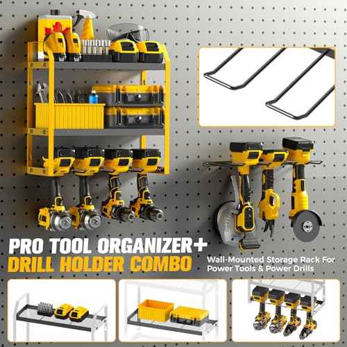 Power Tool Organizer Wall Mount with Extra Drill Holder, Yellow & Black Garage Storage Combo with Battery Storage, 4 Drill Slots Total, Heavy Duty Steel Tool Rack for Workshop Garage