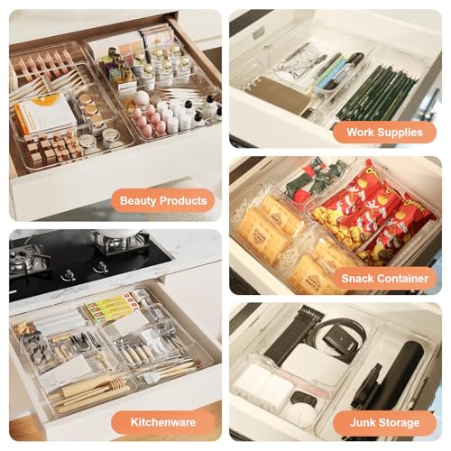 Expandable Drawer Organizer-Adjustable Shallow Tray, 11" to 19" Width,1.97" Height, Clear Plastic Storage for Bedroom, Living Room, Kitchen/Bathroom/Office/Cosmetic/Tools/Cutlery/Stationery