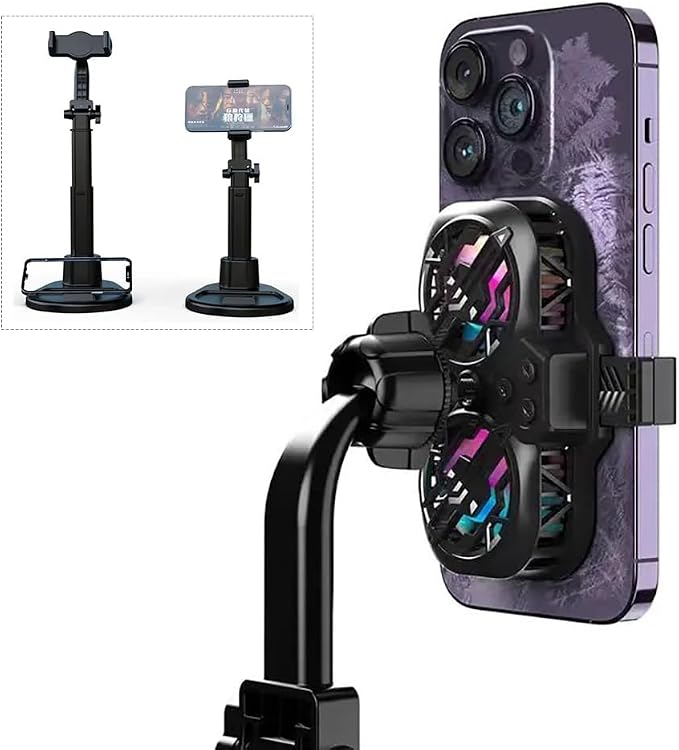 Cell Phone Stand with Phone Cooler Height Adjustable Desktop Cell Phone Stand with Cooling Fan for Live Streaming Compatible with All iPhone Android Phones