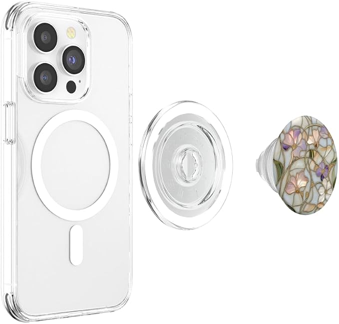 Stained Glass Floral Print with Purple Flowers PopSockets PopWallet for MagSafe