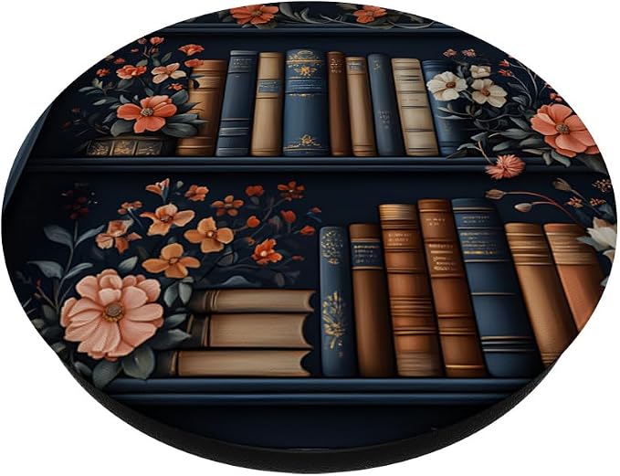 Dark Library Bookshelf with Vintage Books and Flowers PopSockets Adhesive PopGrip